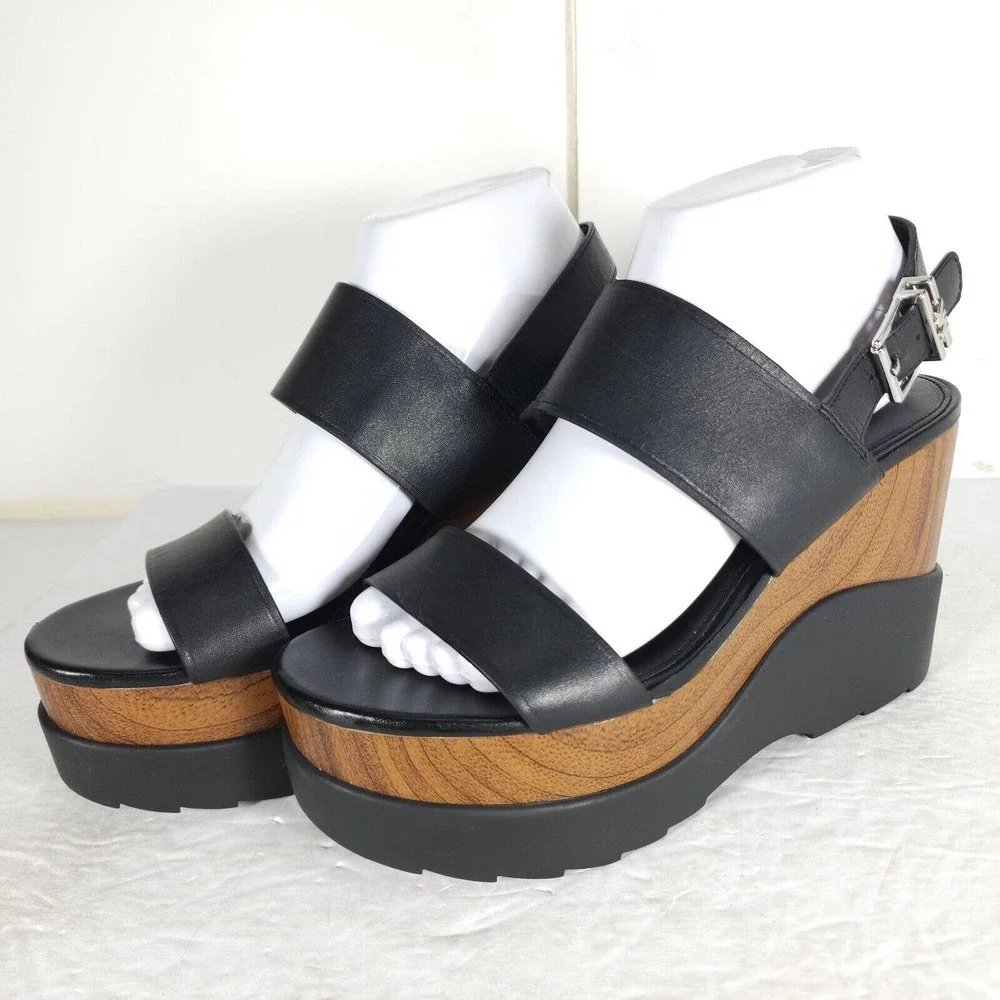Michael Kors Women's Rhett US 8M Black Leather Platform Wedge Slingback Sandals